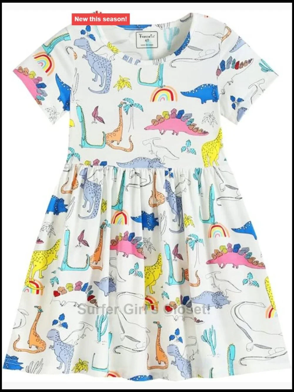 Toddler Girls Cotton Dinosaur Tunic Dress Short Sleeve Summer Casual